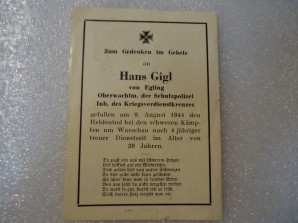 German Death Card Police Warsaw Uprising image 2