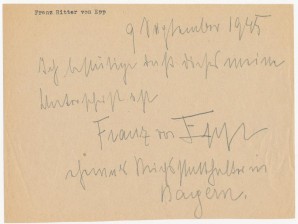 FRANZ RITTER VON EPP Signed Note 1945 image 1