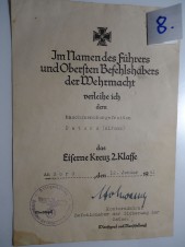AWARD DOCUMENT FOR IRON CROSS II KL. HAND SIGNED image 1