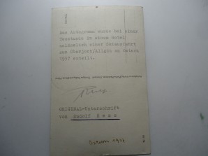 RUDOLF HESS SIGNED CARD 1937 image 2