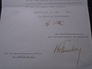 ADOLF HITLER & VON BLOMBERG SIGNED DOCUMENT 1936 image 3